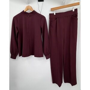 Talbots Pant Set Womens XS Burgundy Mock Neck 1/4 Zip Top and Trousers 2 Piece